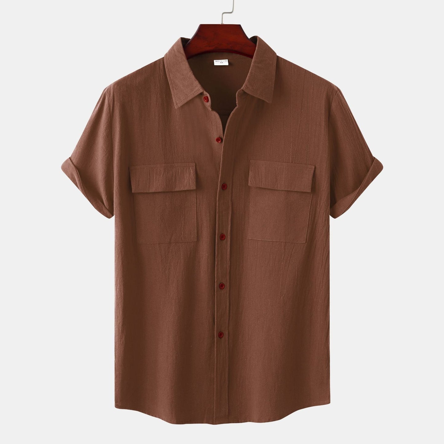 ??Men's solid colour casual flax short sleeve shirt