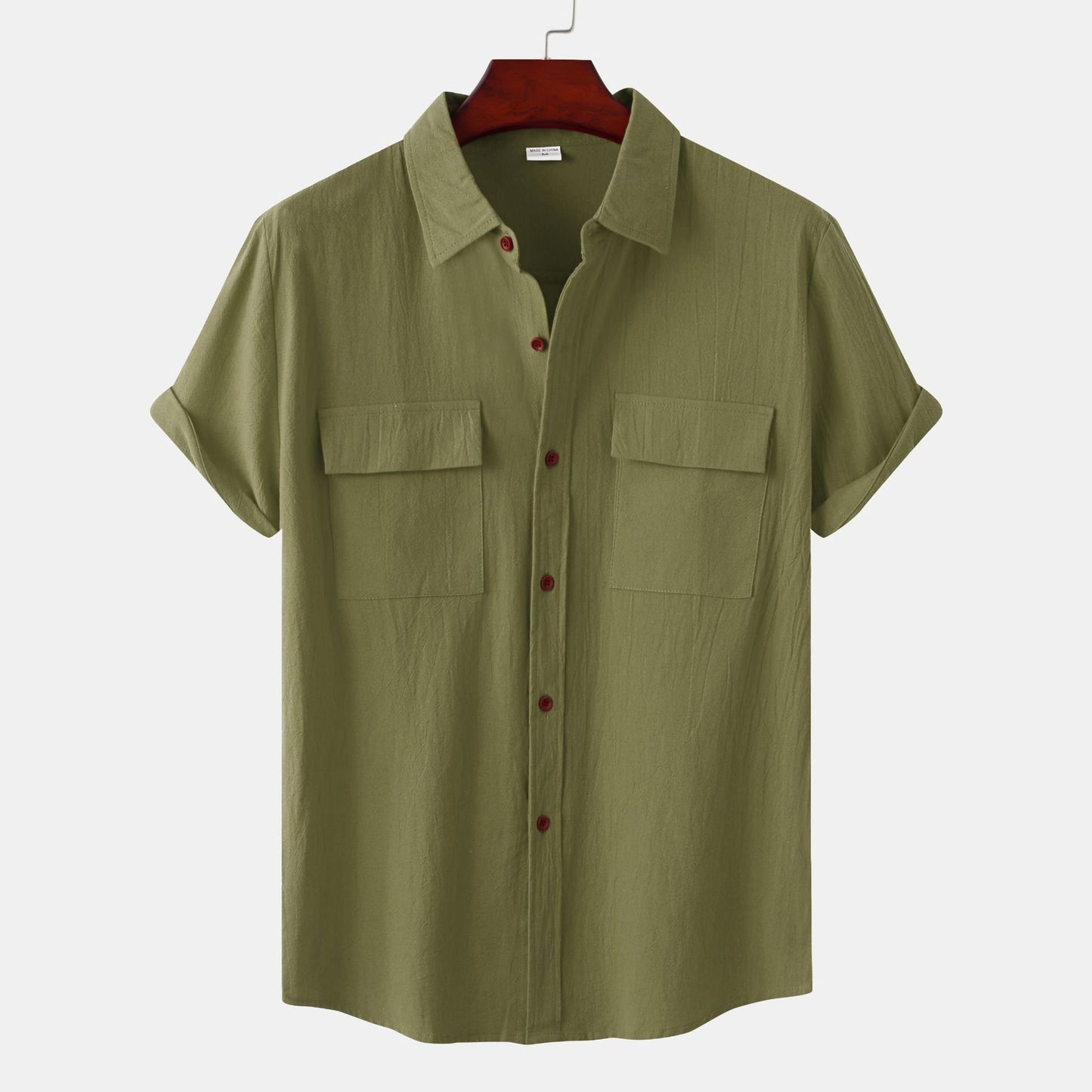 ??Men's solid colour casual flax short sleeve shirt