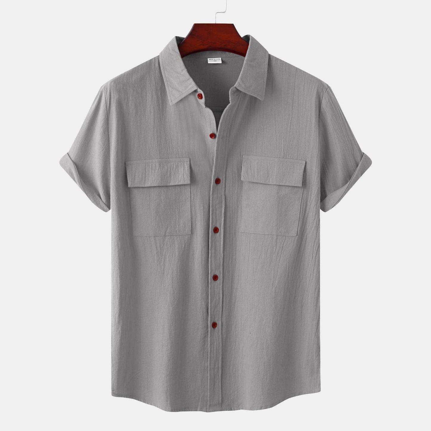 ??Men's solid colour casual flax short sleeve shirt
