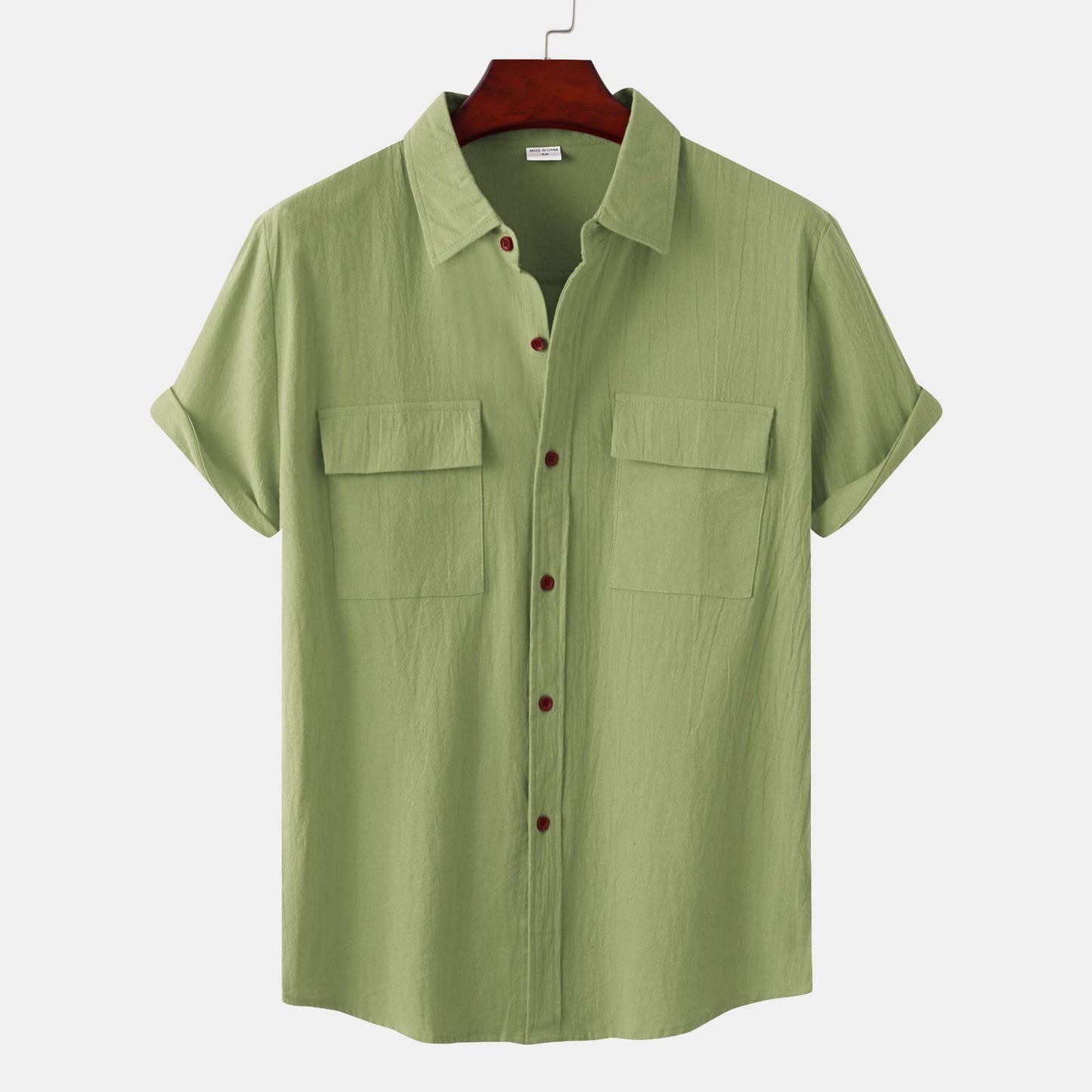 ??Men's solid colour casual flax short sleeve shirt
