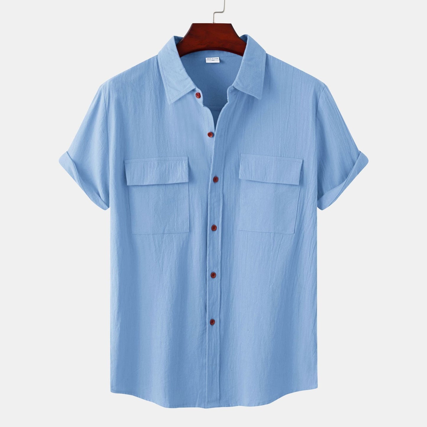 ??Men's solid colour casual flax short sleeve shirt