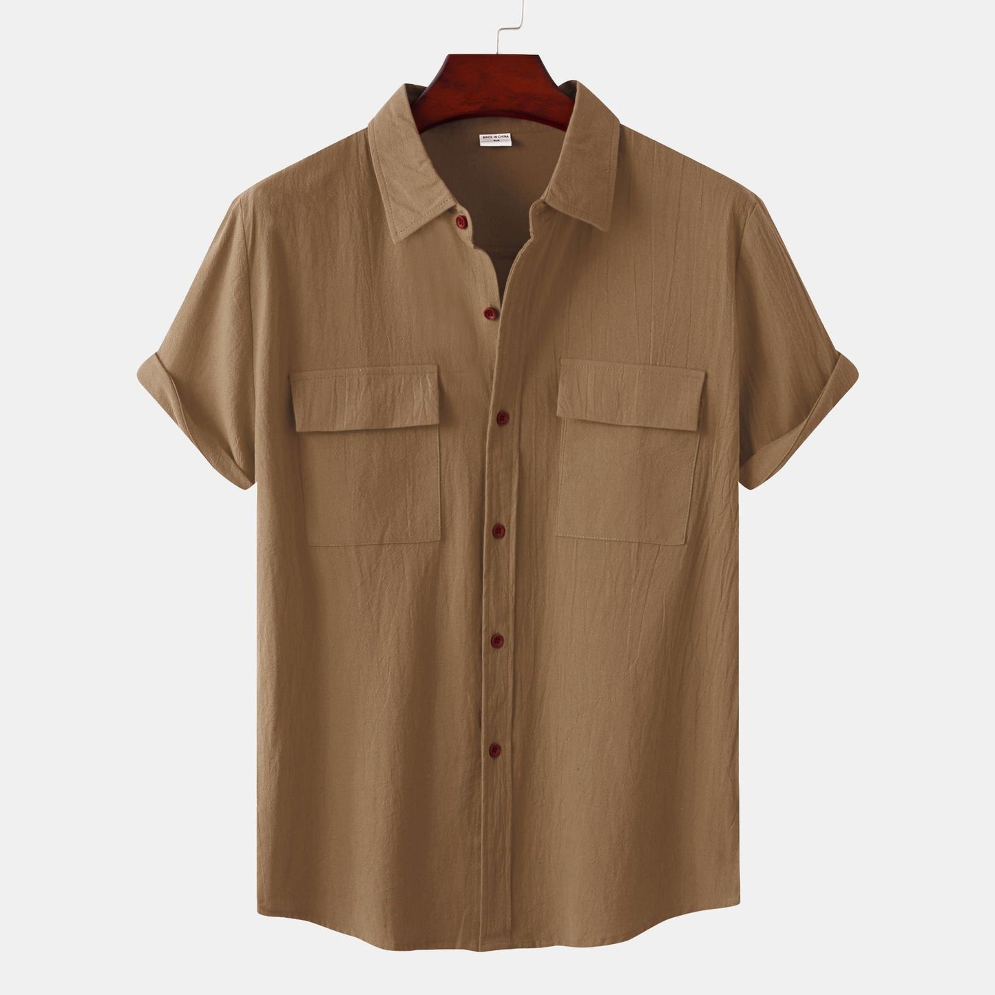 ??Men's solid colour casual flax short sleeve shirt