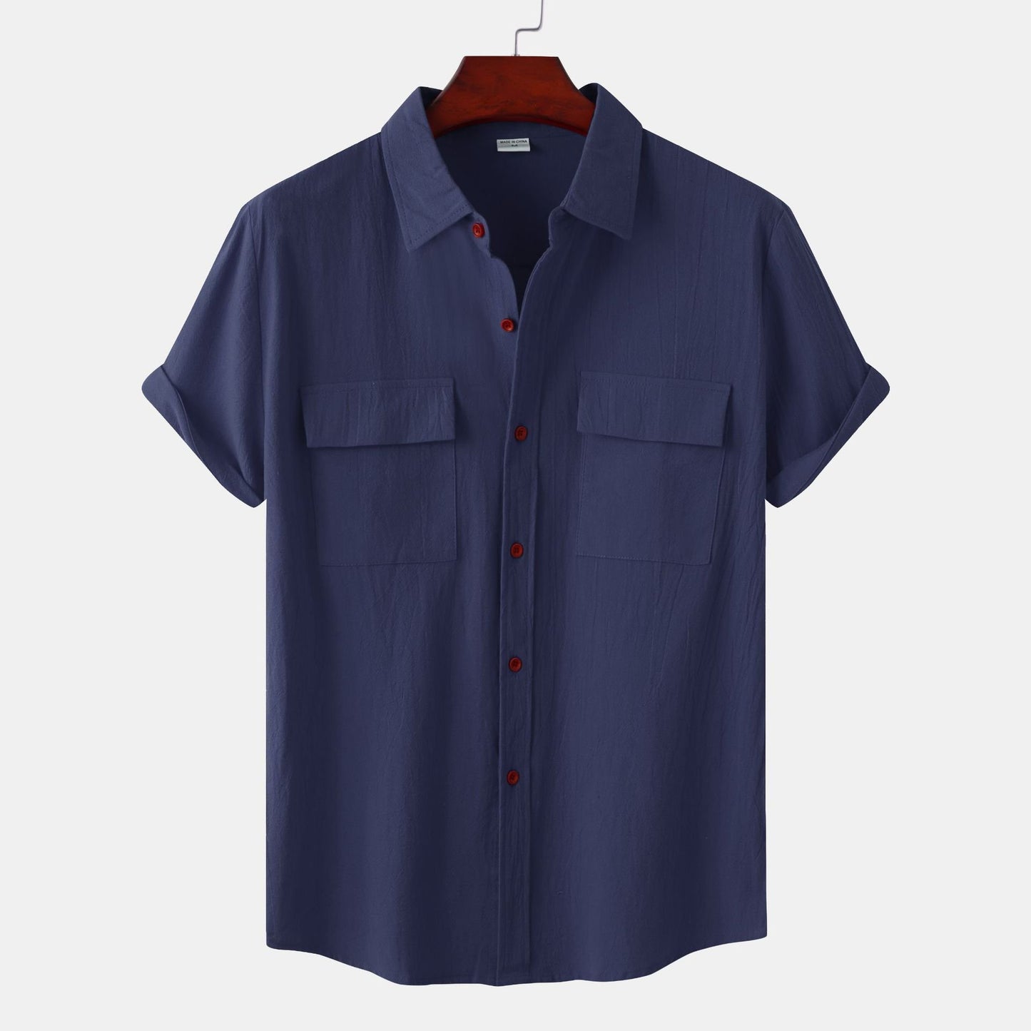 ??Men's solid colour casual flax short sleeve shirt