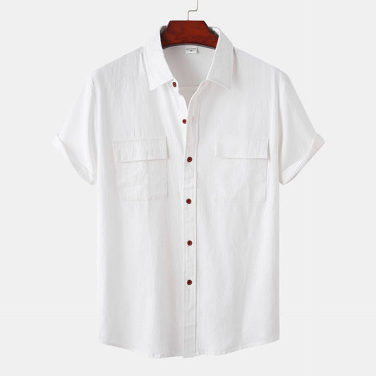 ??Men's solid colour casual flax short sleeve shirt
