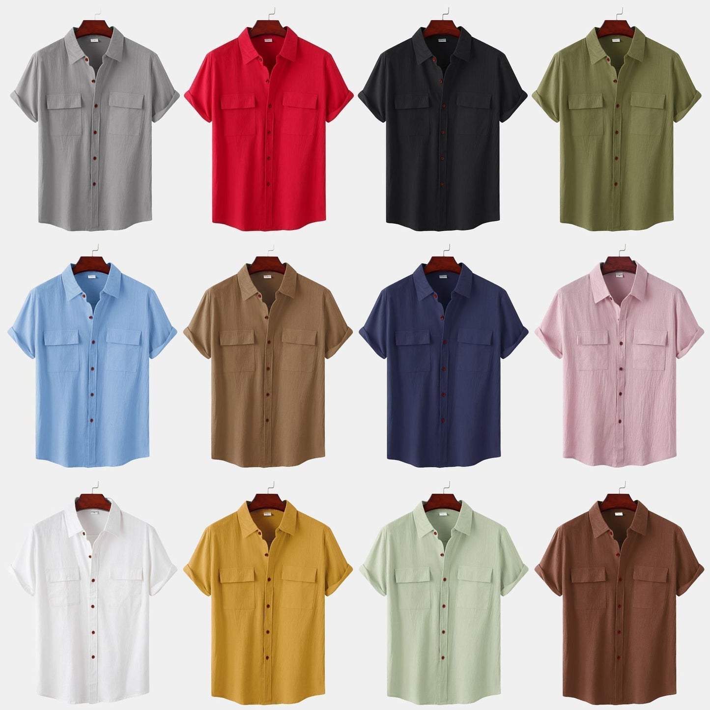 ??Men's solid colour casual flax short sleeve shirt
